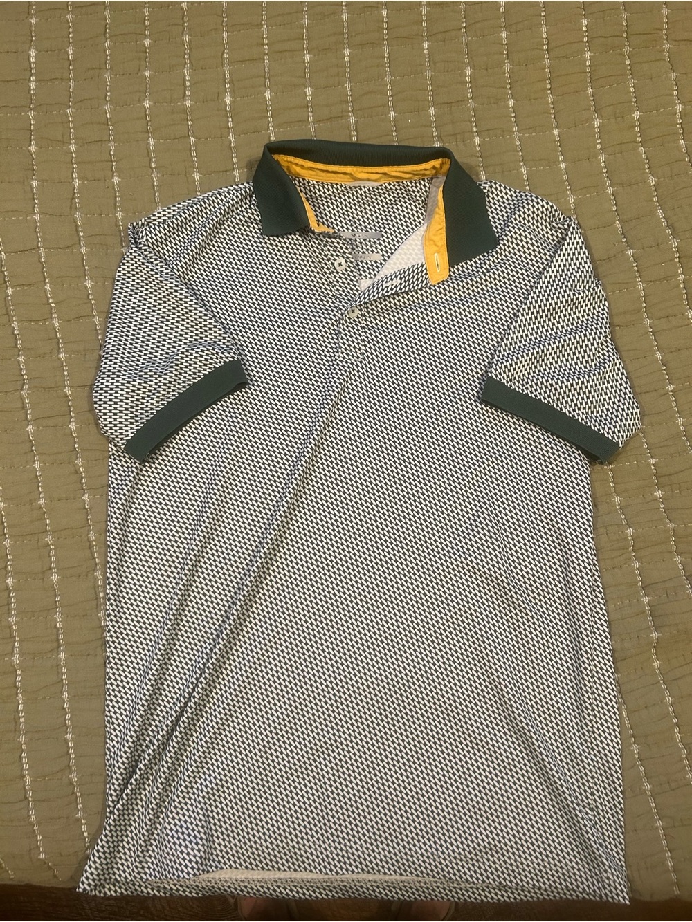 Men's Short-Sleeve Patterned Polo with Dark Green Collar and Yellow Trim